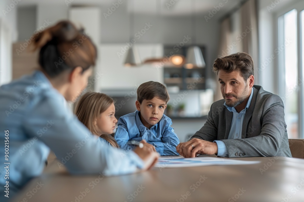 Family consulting with agent at home, focus on father and childr Family consulting with agent at home, focus on father and childr