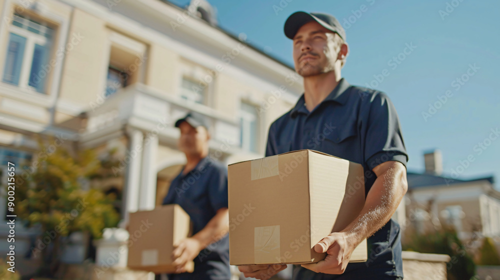 Close-up of two movers in uniform carrying cardboard boxes with a blurred white house background. Suitable for moving company services or relocation-related content. Close-up of two movers in uniform carrying cardboard boxes with a blurred white house background. Suitable for moving company services or relocation-related content.
