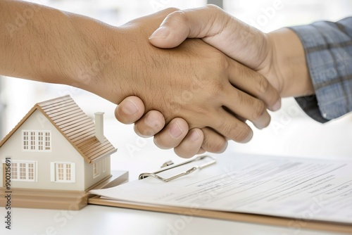 Handshake above house model, real estate deal, contract signing