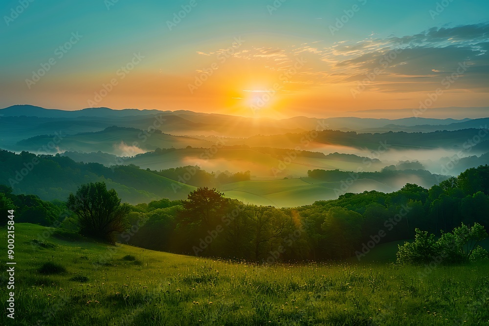Fototapeta premium A serene sunrise over a misty green valley, representing the fresh beginnings and renewal found in friendships.
