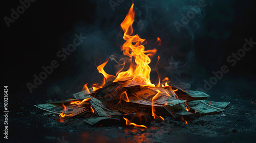 Burning pile of money with intense flames and smoke, representing loss, waste, or dramatic financial crisis.