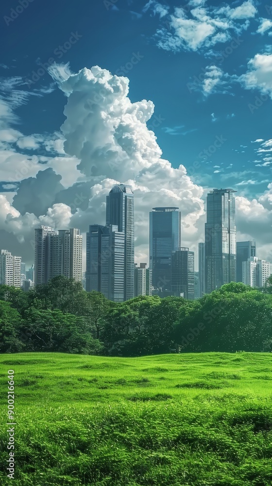 The skyline of the city, the green space below the city building, the sky above the city building, the real scene,Camera shooting The skyline of the city, the green space below the city building, the sky above the city building, the real scene,Camera shooting