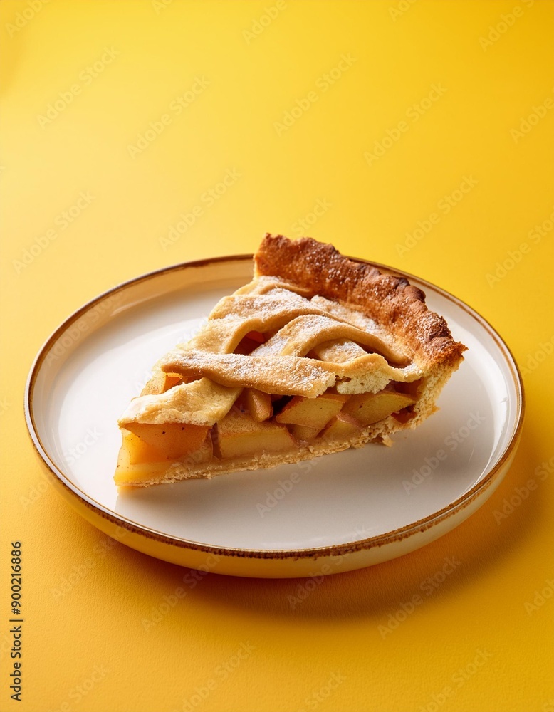 Apple pie slice on yellow background Apple pie slice on yellow background