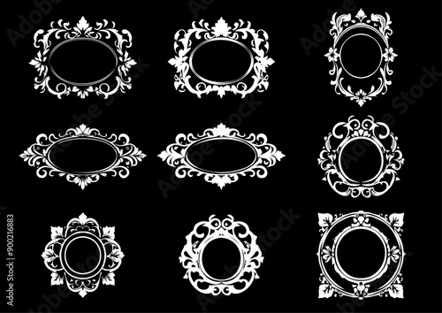 Elegant Collection of Nine Vintage ٖFloral Frames with Intricate Designs on Black Background for Creative Graphic Design Projects