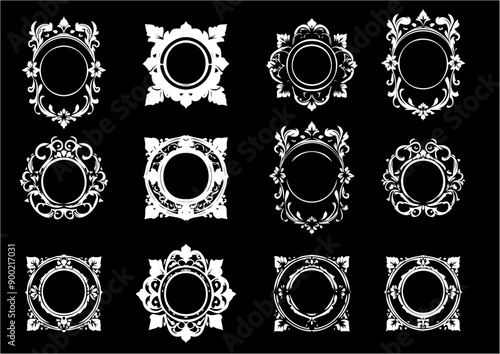 Collection of Twelve Vintage Floral Frames with Intricate Designs on Black Background For Wedding and Invitation Cards