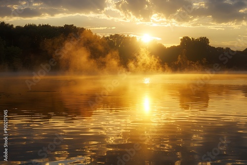 A serene lake at dawn with a golden mist rising, symbolizing the quiet and reflective times shared with friends.