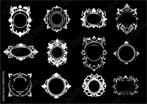 Elegant Collection of Twelve Vintage Frames 
Floral with Intricate Designs on Black Background for Creative Projects