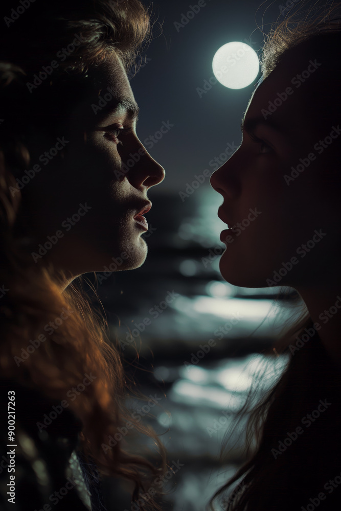 Silhouetted Profiles of Two Women Against Moonlit Ocean Background Silhouetted Profiles of Two Women Against Moonlit Ocean Background