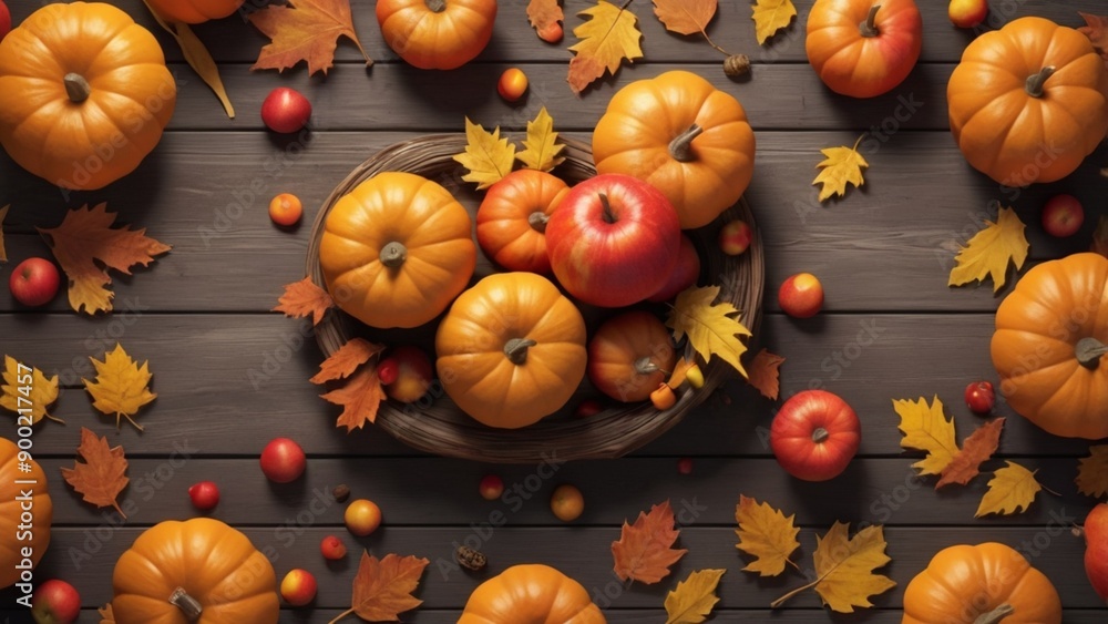 hanksgiving background Apples, pumpkins and fallen leaves on wooden background. Copy space for text. Halloween, Thanksgiving day or seasonal background. Design mock up. hanksgiving background Apples, pumpkins and fallen leaves on wooden background. Copy space for text. Halloween, Thanksgiving day or seasonal background. Design mock up.