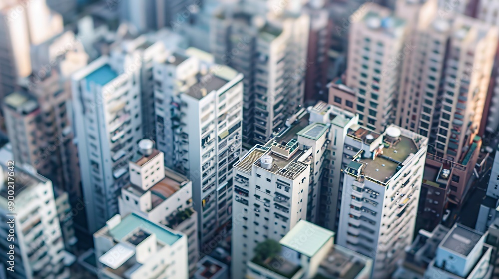 Fototapeta Take a high-resolution photograph of a dense urban area where multiple buildings of varying heights and designs are clustered together