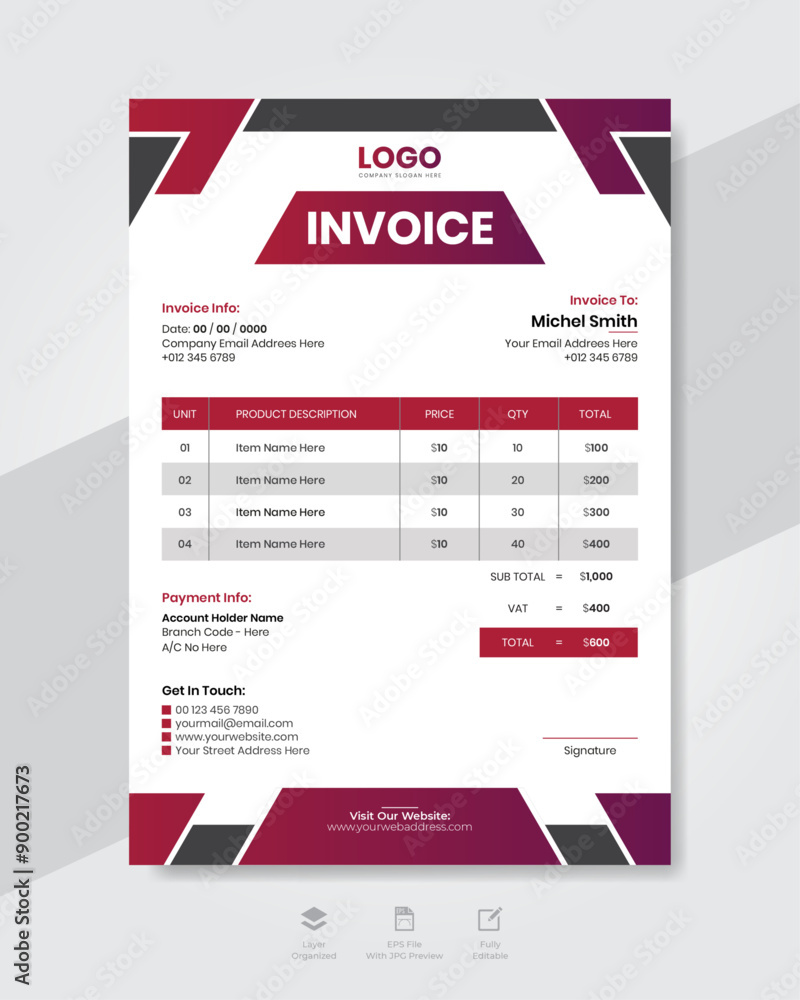 Corporate business invoice template design in modern and unique shapes Corporate business invoice template design in modern and unique shapes