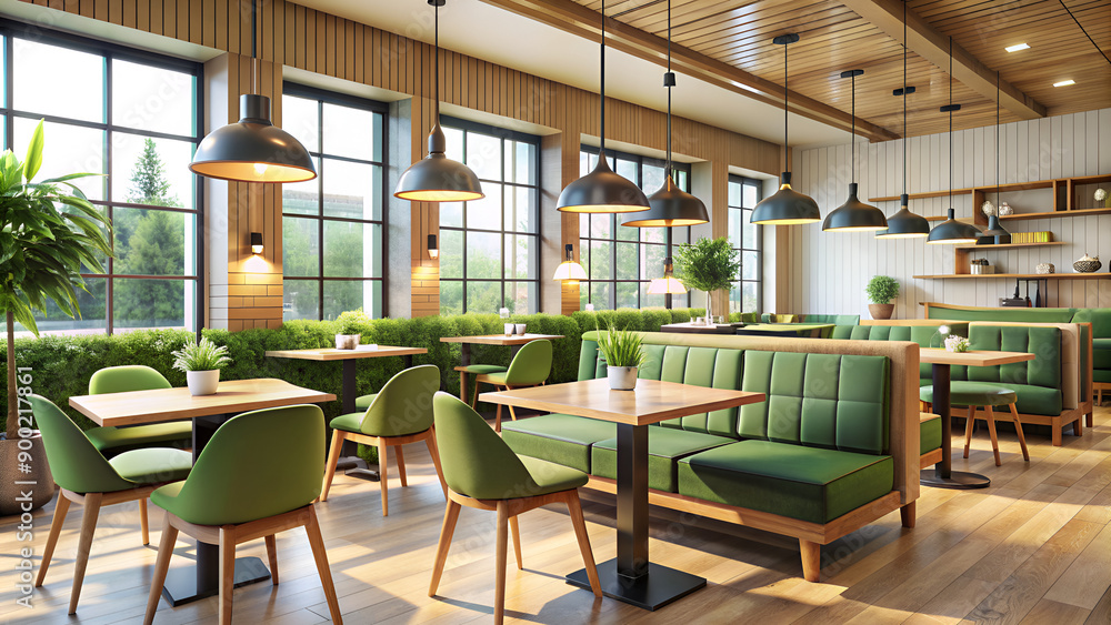 Modern restaurant interior with lush greenery, wooden accents, and ...