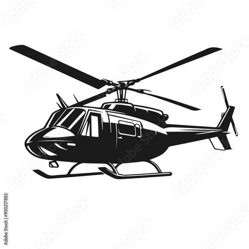 Clean Black and white vector silhouette of a Helicopter on white background