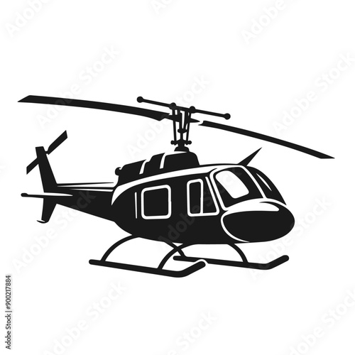 Clean Black and white vector silhouette of a Helicopter on white background