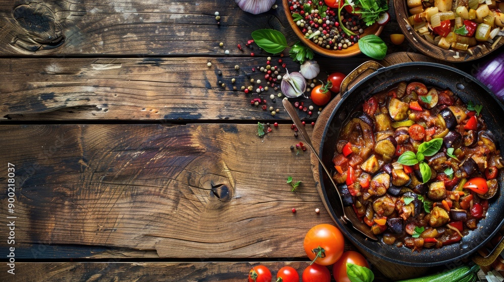 Vegetable stew with eggplant onions peppers served in a frying pan on a wooden table tomato zucchini pisto with copy space Vegetable stew with eggplant onions peppers served in a frying pan on a wooden table tomato zucchini pisto with copy space