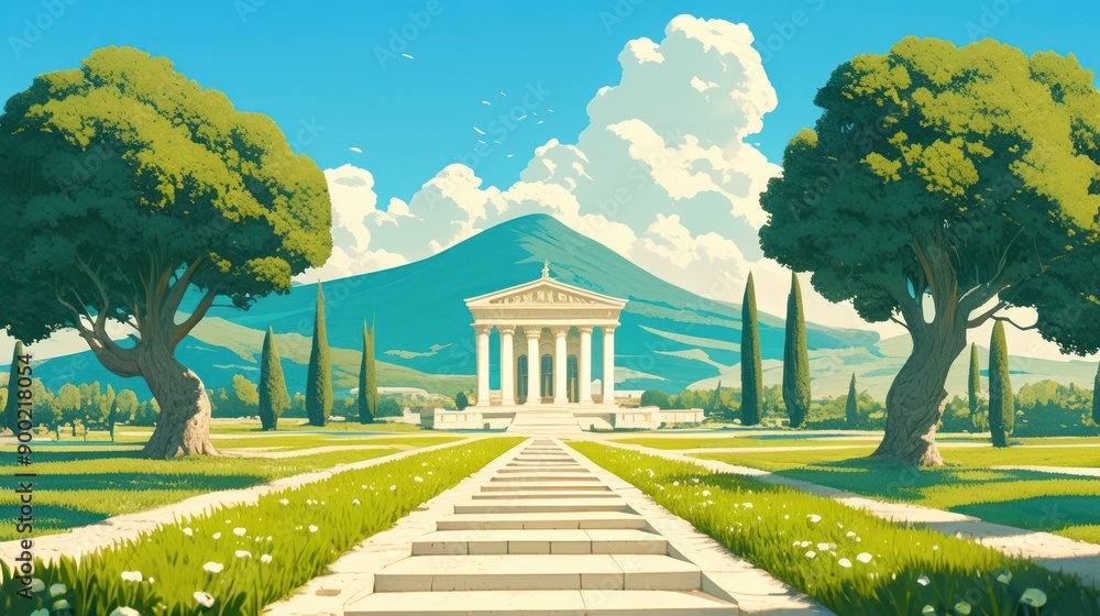 Fototapeta premium Sunny day at a beautiful neoclassical temple surrounded by lush greenery, tall trees, and a scenic mountain in the background.