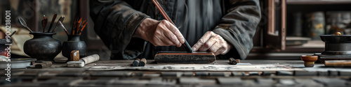 Artisan Hand Crafting Traditional Calligraphy with Brush and Ink in Workshop © Lidok_L