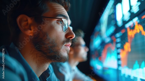 Two focused analysts closely examine financial data displayed on large screens, highlighting their concentration and analytical skills in a modern office.