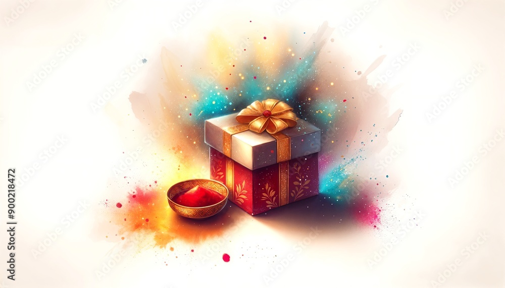 Φωτογραφία Watercolor illustration for Raksha Bandhan with a gift box and a traditional plate with red vermillion