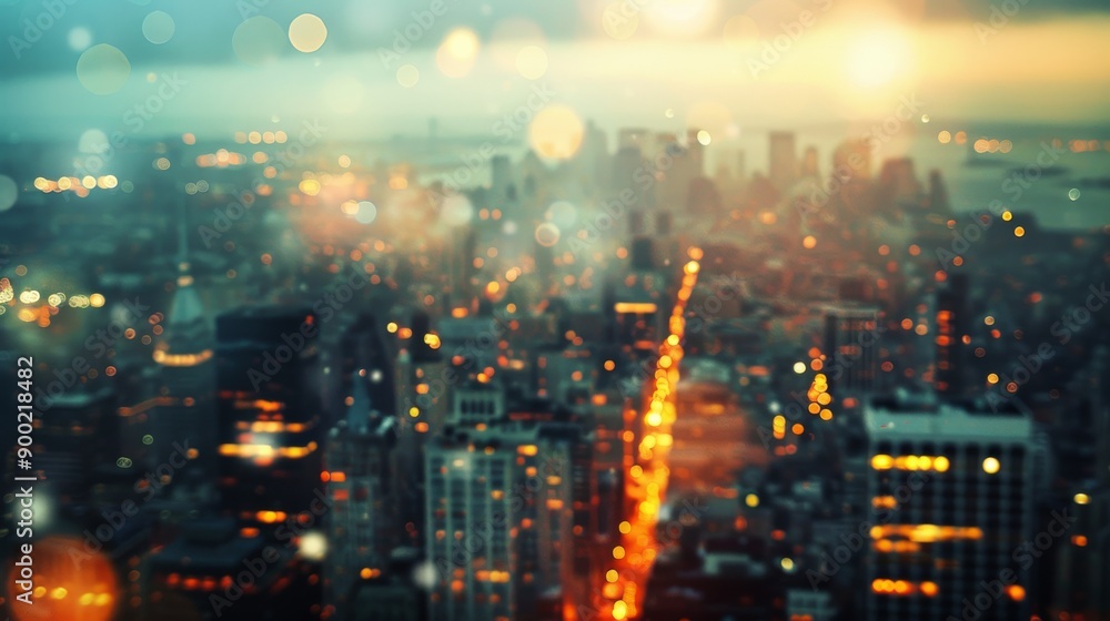 Obraz premium Urban cityscape background with architectural elements and city lights, taken using a DSLR camera with a telephoto lens, under the warm glow of city streetlights, providing a sophisticated and atmosph