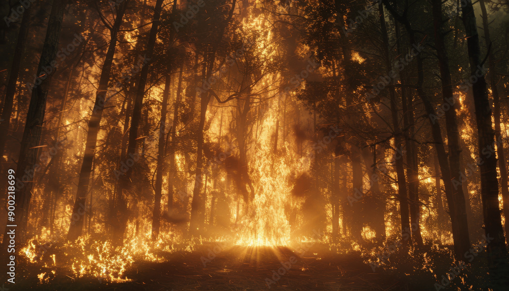 Fototapeta premium A blazing fire engulfing a forest creating a path of intense light through the trees