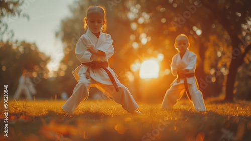 Young Karate Students Practice Their Moves In An Autumnal Park photo