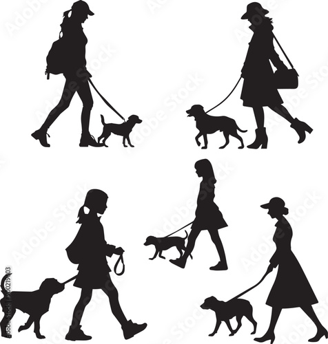 Set of girls walking with dog silhouette vector, side view