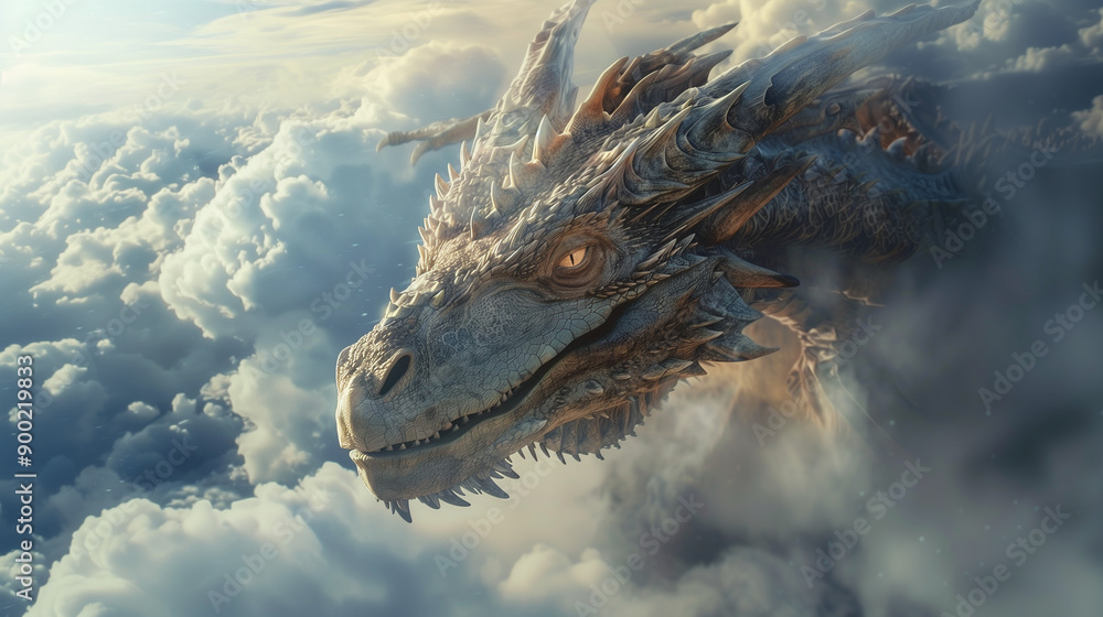 Majestic dragon soaring above the clouds in a serene sky. Majestic dragon soaring above the clouds in a serene sky.