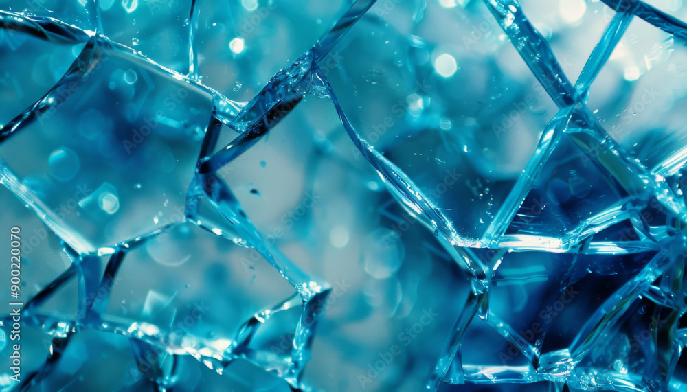 A closeup view of shattered blue glass reflecting light creating an abstract and textured background A closeup view of shattered blue glass reflecting light creating an abstract and textured background