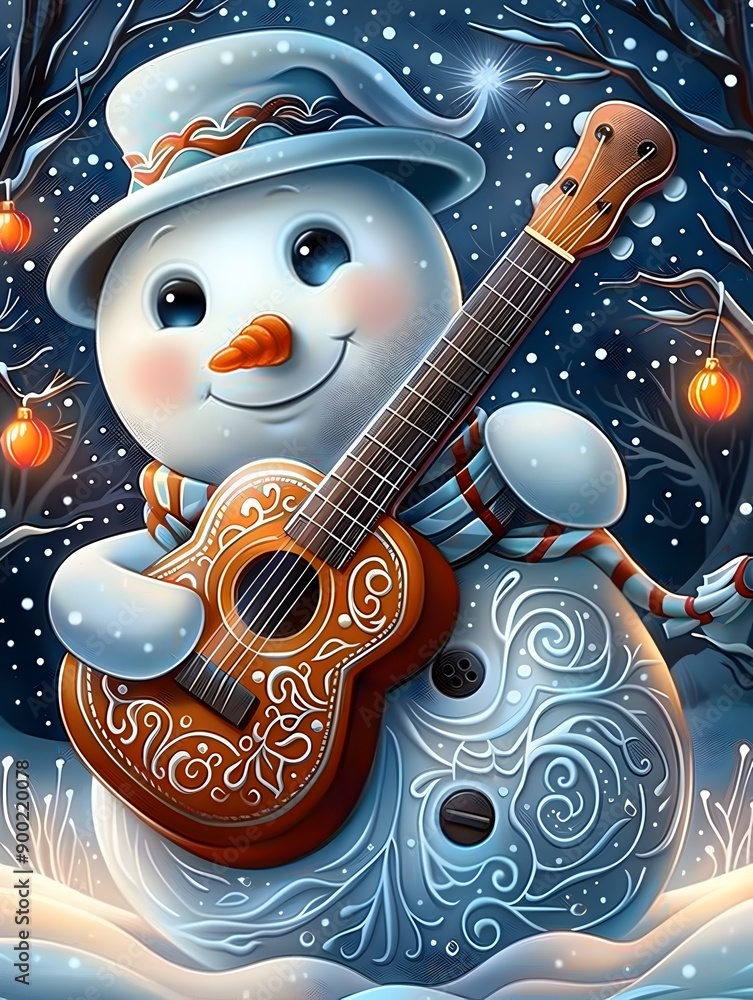Naklejka premium Whimsical Snowman Musician Playing Guitar in Snowy Winter Landscape with Intricate Patterns