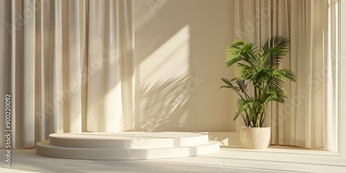 Serene Elegance  Minimalist Interior with Cream Drapes and Potted Plant in Natural Sunlight