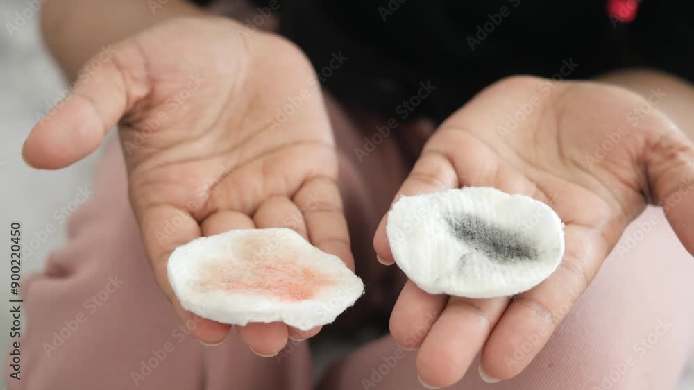 Closeup of female hands holding used cotton pads with makeup residue, beauty and skincare routine Closeup of female hands holding used cotton pads with makeup residue, beauty and skincare routine
