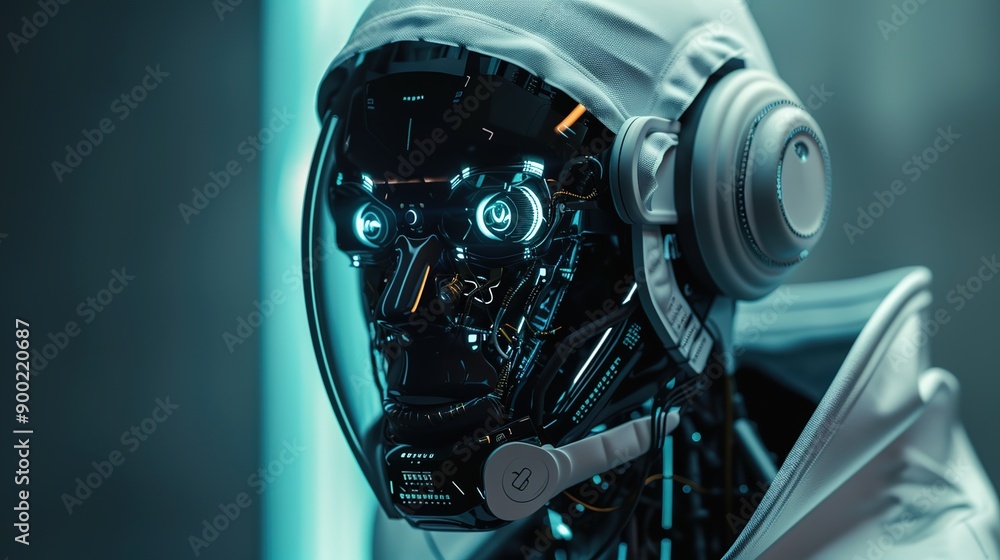 A close-up of a skilled robot hacker: showcasing advanced techniques in cyber-crime, reminding us all to strengthen our online security A close-up of a skilled robot hacker: showcasing advanced techniques in cyber-crime, reminding us all to strengthen our online security