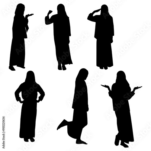 set of silhouettes of Muslim women posing. set of silhouette of muslim hijab woman female vector full body.