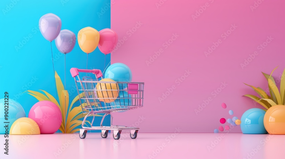 Minimalist concept of online shopping and discounts, with a shopping cart filled with colorful balloons floating on a vibrant pastel background Minimalist concept of online shopping and discounts, with a shopping cart filled with colorful balloons floating on a vibrant pastel background
