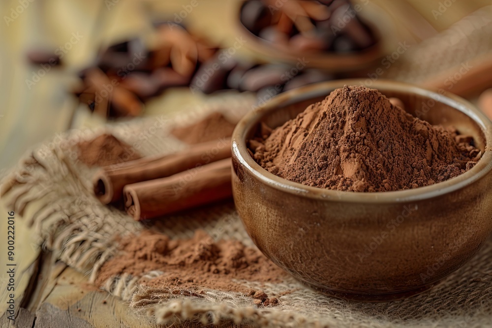 Cocoa powder and cinnamon sticks on burlap. Cocoa powder and cinnamon sticks on burlap.