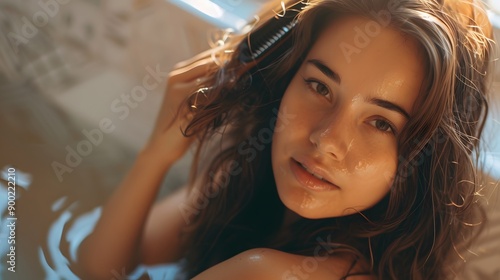 Brunette Female Brushing Hair With Hairbrush Sitting On Bathtub Indoor. 