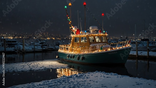  A boat decorated with Christmas lights in a snowy marina..