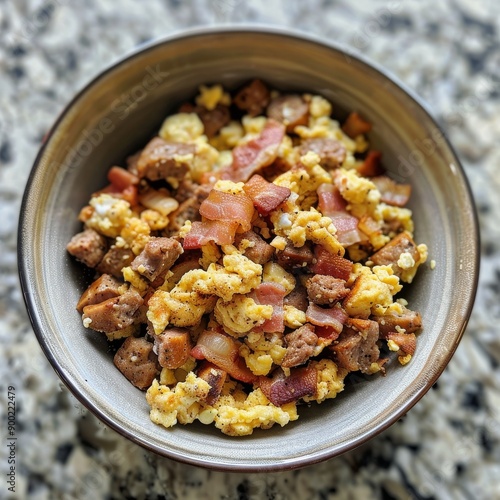 A bowl filled with Scrambled eggs, bacon, beef sausage. separated on a clean plate, aesthetically sitting in a plain kitchen countertop. The image should not blur