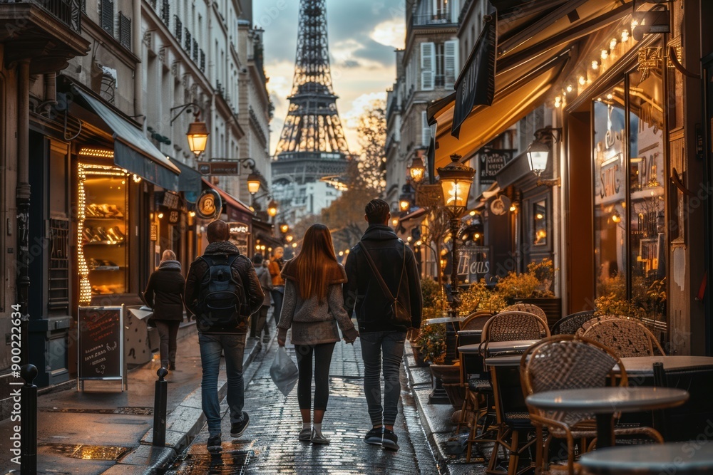 A romantic Parisian street scene, with a couple strolling hand in hand, the Eiffel Tower in the background, and charming cafes A romantic Parisian street scene, with a couple strolling hand in hand, the Eiffel Tower in the background, and charming cafes