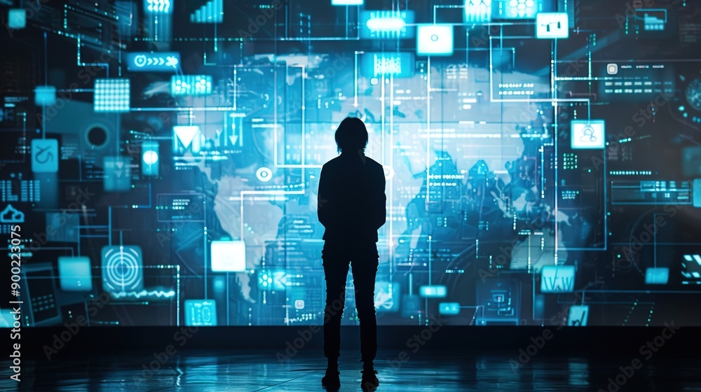 Cyber security alert: a human silhouette stands before a digital screen unveiling the severity of cyber threats and data breaches, urging the public to enhance information security awareness Cyber security alert: a human silhouette stands before a digital screen unveiling the severity of cyber threats and data breaches, urging the public to enhance information security awareness