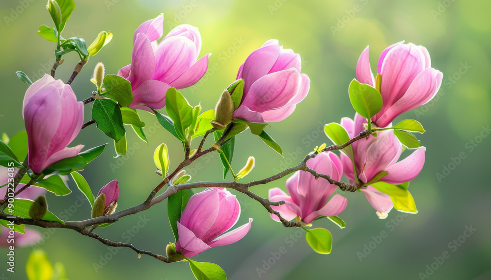 A closeup of a magnolia branch with delicate pink blossoms and green leaves against a soft green background A closeup of a magnolia branch with delicate pink blossoms and green leaves against a soft green background
