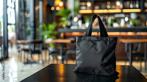 "Black Tote Bag with Large Pocket on Table in Modern Café" © FU