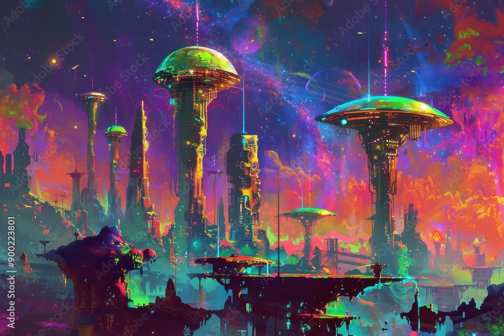 A Futuristic Cityscape Under a Vibrant Starry Sky A Futuristic Cityscape Under a Vibrant Starry Sky