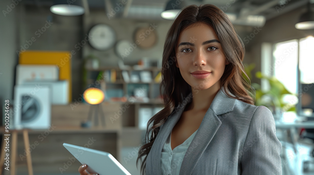 Fototapeta premium businesswoman, A confident Hispanic female presenting a tablet in a sharp blazer on a modern office background.