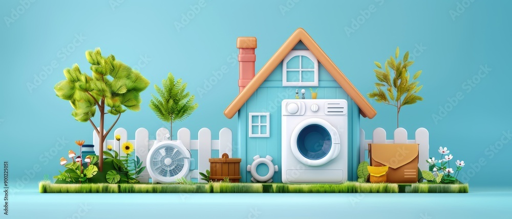 Fototapeta premium Charming backyard scene with a cute blue house, a washing machine, lush greenery, vibrant flowers, and whimsical decorations creating a lively outdoor atmosphere.
