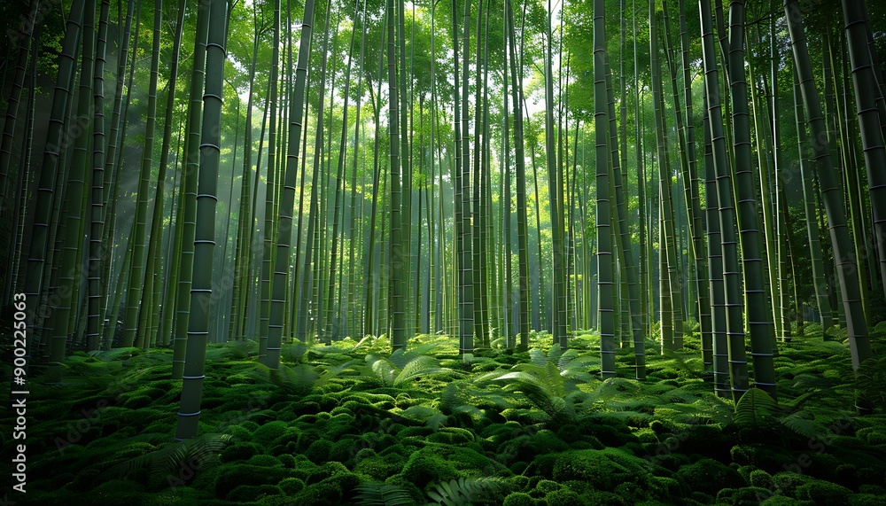 A serene bamboo forest with tall, slender bamboo stalks reaching towards the sky, and a forest floor covered in green moss and ferns. A serene bamboo forest with tall, slender bamboo stalks reaching towards the sky, and a forest floor covered in green moss and ferns.