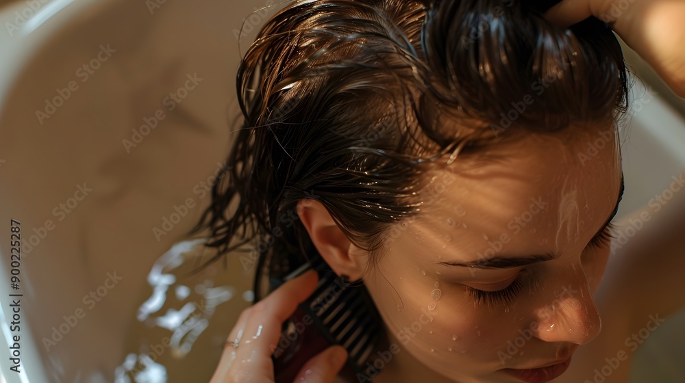 Naklejka premium Brunette Female Brushing Hair With Hairbrush Sitting On Bathtub Indoor.