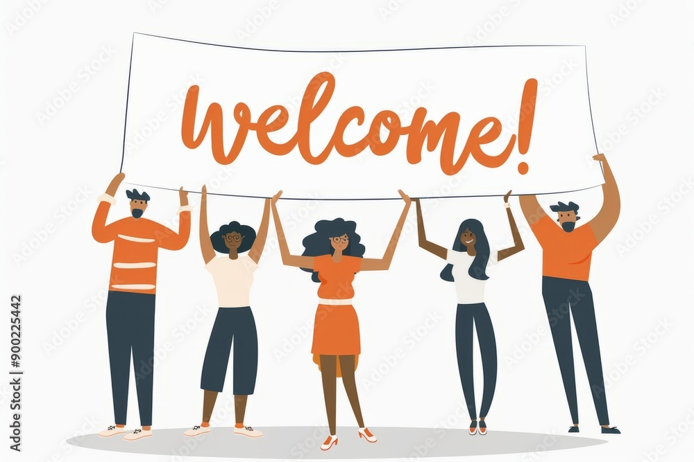 a group of people holding up a banner that says welcome a group of people holding up a banner that says welcome