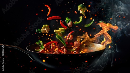 Fiery Wok Stir-Fry: A mesmerizing culinary spectacle unfolds as vegetables and spices dance in a fiery wok, creating a symphony of flavors and aromas. The vibrant colors and dynamic movement evoke the